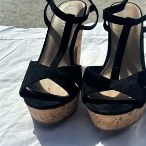 Sun + Stone Black and Tan T-Strap Wedges
